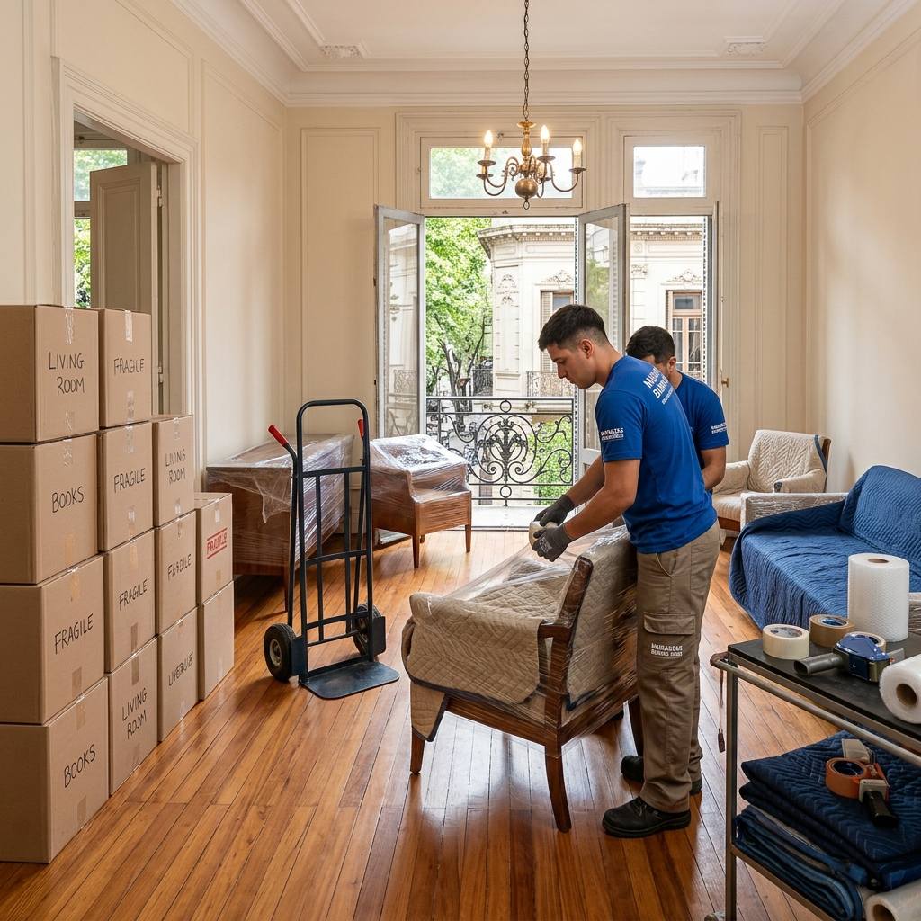 Peones de mudanza embalando muebles