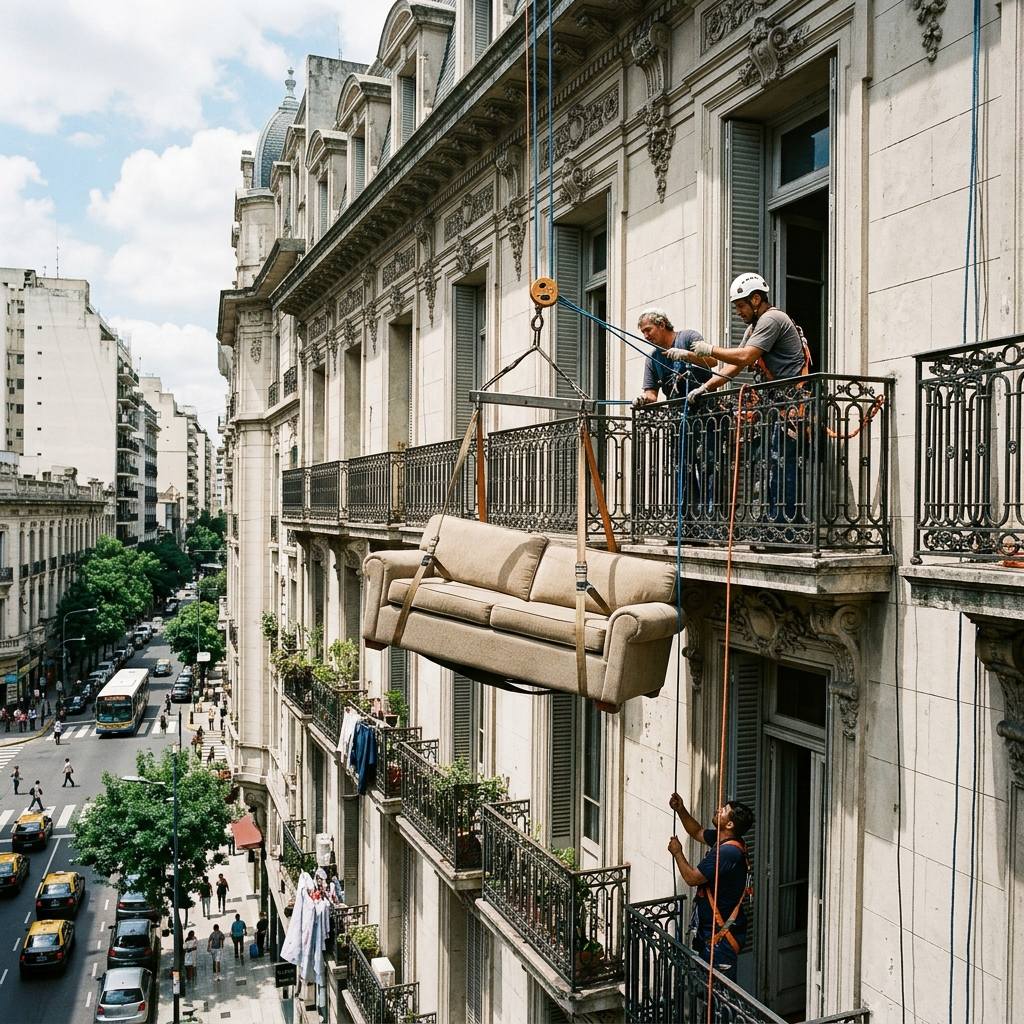 Elevación de muebles por balcón en edificio de Buenos Aires
